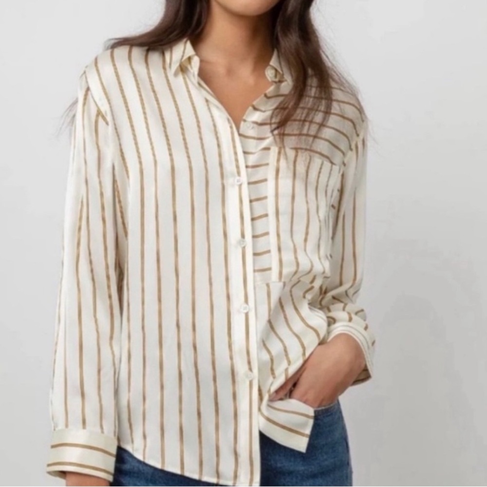 Rails Spencer 100% silk blouse in beige and daffodil stripes .